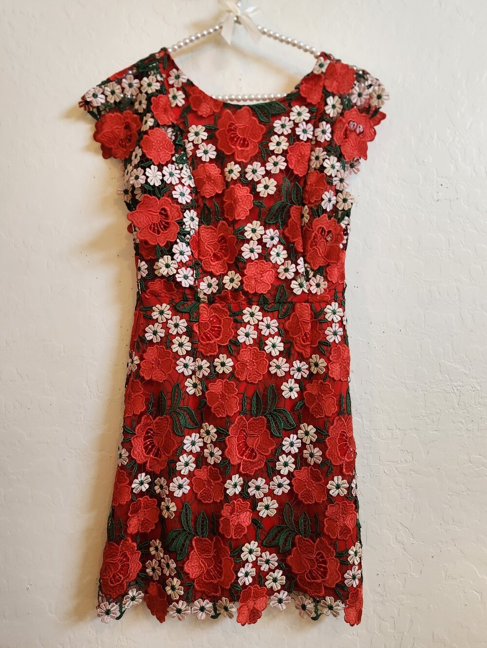 Topshop Red Floral Lace Mini Dress with White Accents
